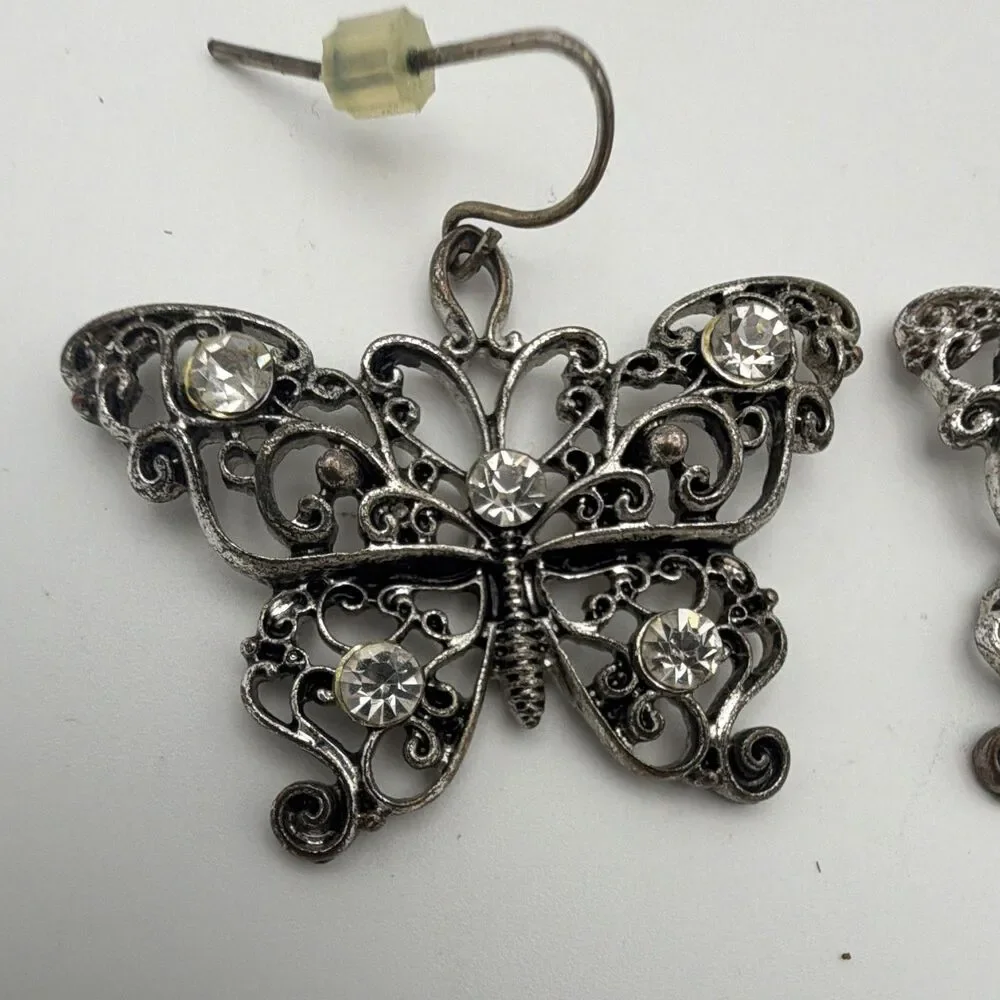 Silver Tone Butterfly Clear Rhinestone Dangle Drop Earrings Hook